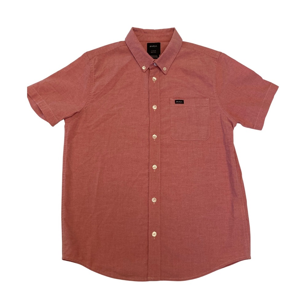 RVCA Boys Short Sleeve Button Down Shirt Salmon/Lt Red Size Large Stretch Cotton